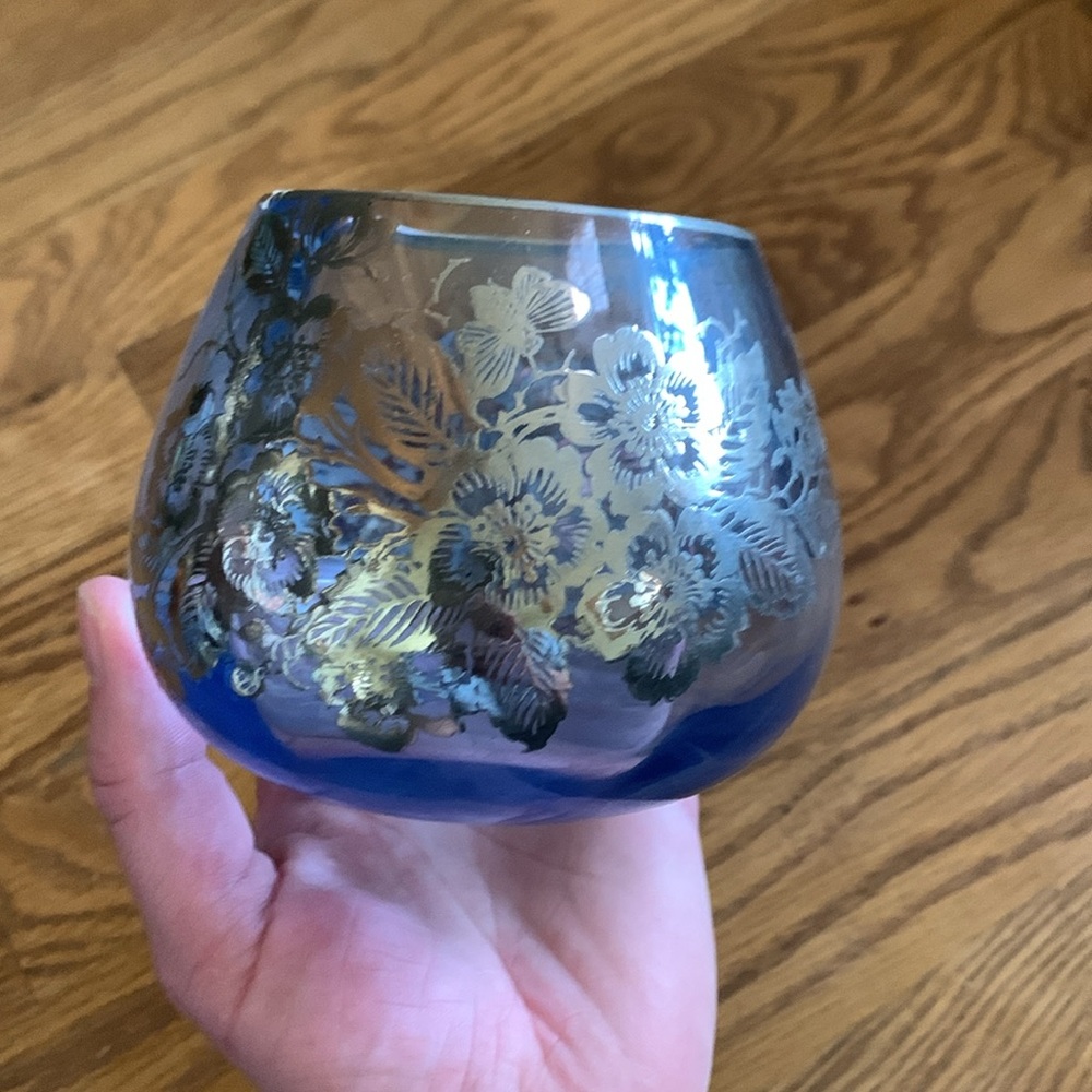 Vintage Blue Glass Bowl with Sterling Silver Overlay Floral and Butterflies